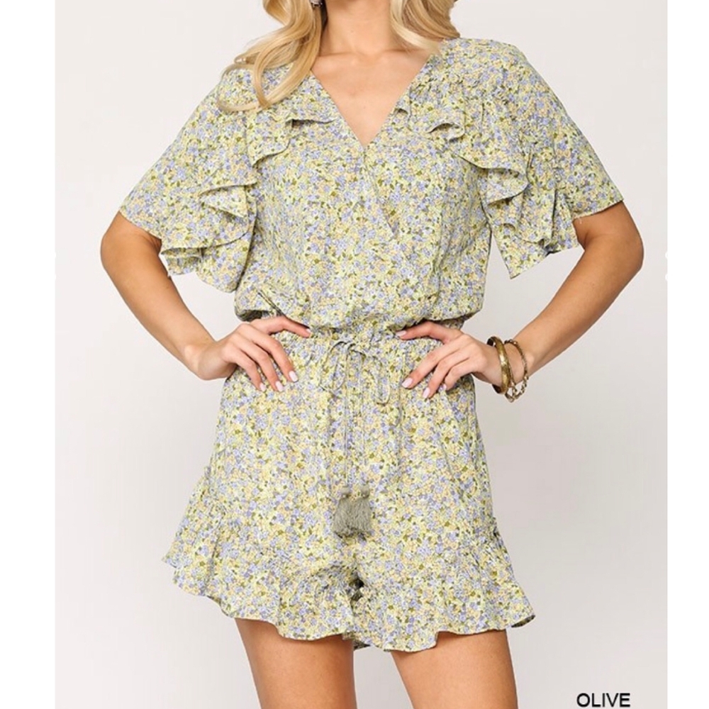 GIGIO Boho Chic Light Olive Floral Ruffle Romper - Picture 4 of 7